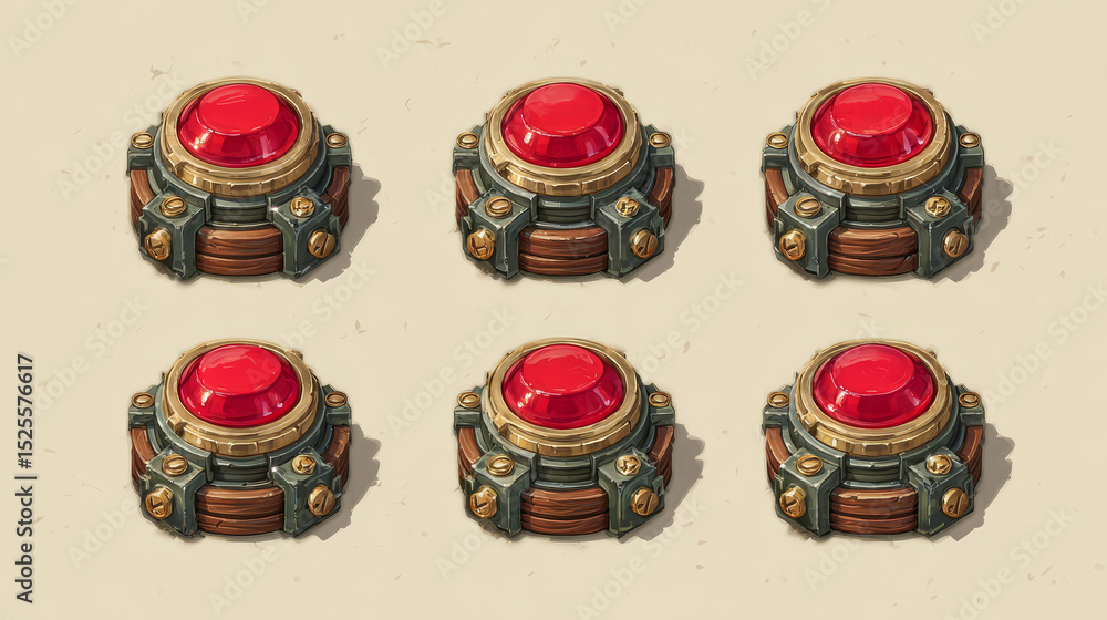 Poster cartoon set of medieval game buttons animation set. vector illustration of red bars with golden fram