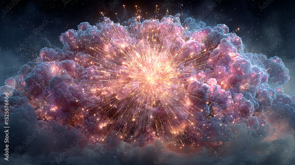 Poster pink firework effect animation frames set - exploding firecracker stages from small flares to full b