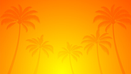 Sunset summer background, simple illustration banner of overlay silhouette coconut palm tress on a bright afternoon with empty space