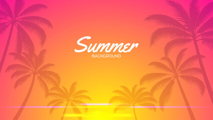 Sunset summer background, simple illustration banner of overlay silhouette coconut palm tress on a bright afternoon with empty  space