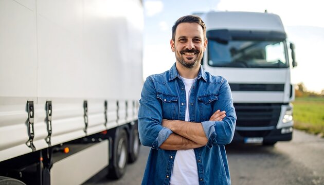 Smiling truck driver in front of a white semi-truck