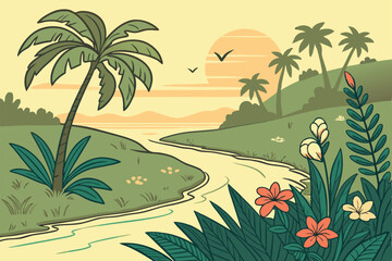 Beautiful landscape with palm trees and flowers. Vector illustration in flat style.