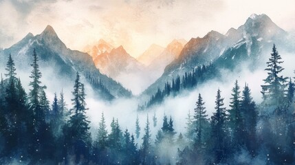 Obraz premium Sunrise over misty pine forest mountains 