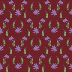 Obraz premium Purple and Green Botanical Seamless Pattern on Burgundy