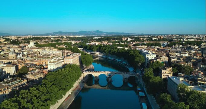 Golden Sunset Aerial Over Rome&rsquo;s Old Town: Stunning Drone Views of Domes, Churches, Cathedrals, River Tiber, and Ancient Bridges