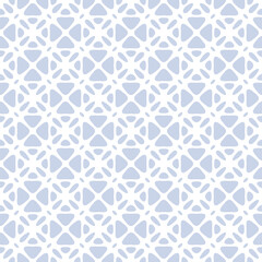 Vector abstract seamless ornament texture. Minimal geometric pattern with floral shapes, leaves, lattice, curved grid, mesh. Light blue background. Repeated geo design for decor, fabric, wallpapers