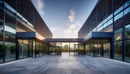 a modern glass office building entrance featuring a sleek and sophisticated design characterized by clean lines reflective surfaces and a contemporary aesthetic