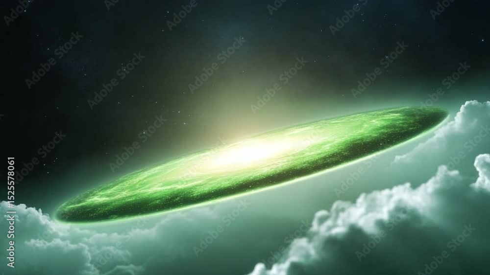 Poster celestial vista: an otherworldly, luminous green disk hovers majestically above the clouds, creating