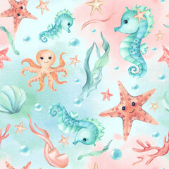 Seahorse, starfish, octopus children's illustration seamless pattern on mint pink Watercolor spot. Isolated characters, seaweed, bubbles of underwater world. Cute kids design for textile, packaging