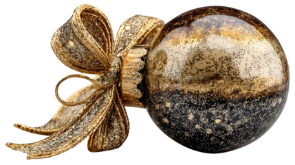 A shimmering gold and black christmas ornament, adorned with a glittering bow, isolated on transparent background