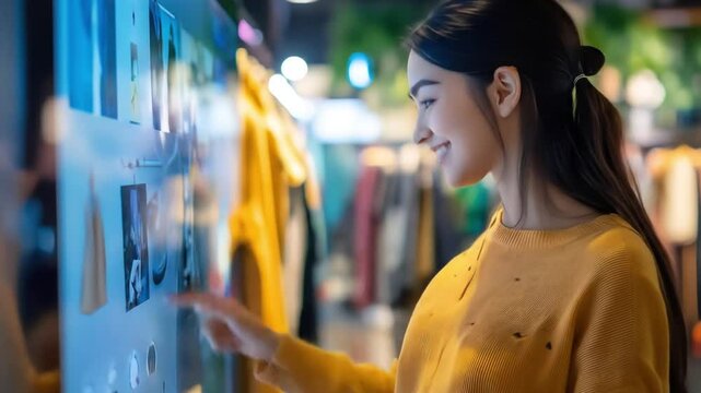 Woman using interactive touch screen display for shopping in clothing store modern retail experience