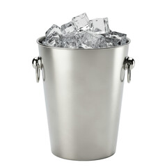 Sleek, modern metallic ice bucket, highly reflective stainless steel, filled with clear individual ice cubes, isolated on a pristine transparent studio background, high-angle UHD product photography,