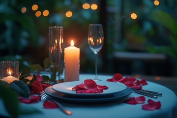 Elegant dinner table setting for two with candles and rose petals for a romantic date night at a restaurant during the evening hours