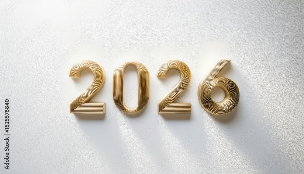 Poster golden 2026 number design casting elegant shadows on white textured wall, ideal for new year web ban