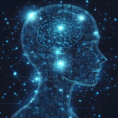 Human head fused with digital brain chip and neural network &ndash; futuristic AI concept vector illustration