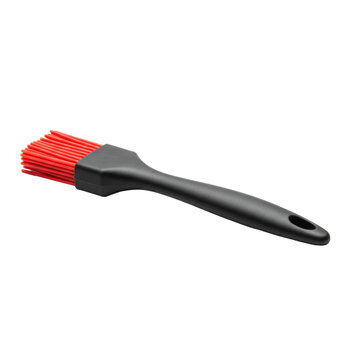 Brand new vibrant red silicone basting brush with matte black handle, 3/4 angle, studio shot on transparent seamless cyclorama background, macro lens effect, product photography concept for