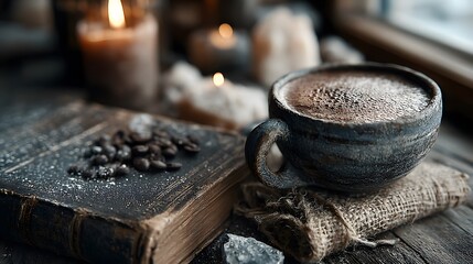 Cozy Coffee Still Life: Cup of Hot Coffee, Old Book, Candles, and Coffee Beans on Rustic Wood Table