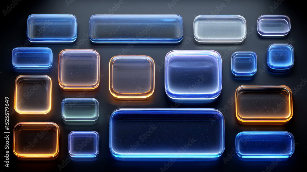 Poster neon glass frame collection with luminescent geometric elements - blue translucent shapes with radia