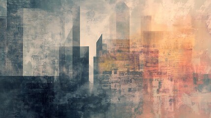 A faded abstract cityscape with geometric outlines, muted colors, and textured backgrounds