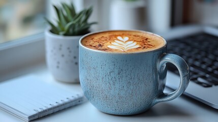 Light-blue mug of cappuccino beside laptop and notepad
