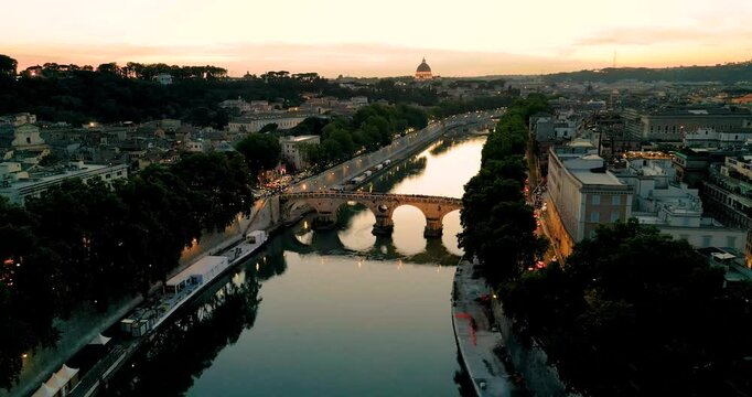 Golden Sunset Aerial Over Rome&rsquo;s Old Town: Stunning Drone Views of Domes, Churches, Cathedrals, River Tiber, and Ancient Bridges
