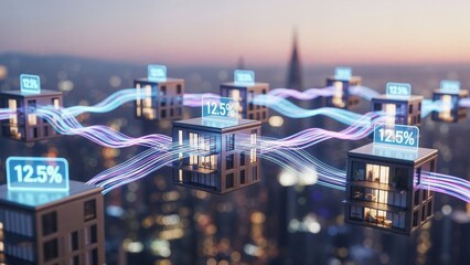 apartment cubes holographic interconnected by glowing equity streams against a dusk city skyline 