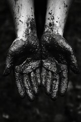 Black and white photo of hands covered in soil, symbolizing hard work in agriculture or manual labor.