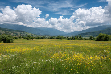 serene summer landscape featuring lush green meadows under clear blue sky dotted with wildflowers