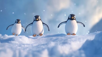 Obraz premium A family of penguins sliding on ice in the Arctic