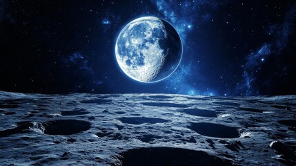 A dramatic view of a full moon above the lunar landscape at night.