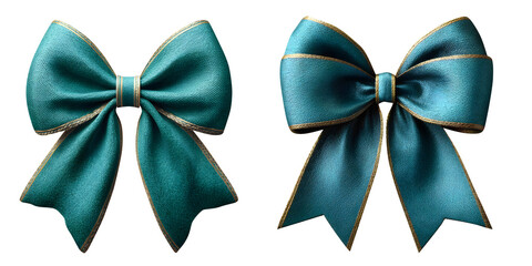 Two teal gift bows with gold trim, elegantly isolated on transparent background