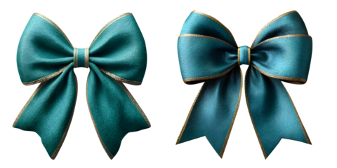 Two teal gift bows with gold trim, elegantly isolated on transparent background