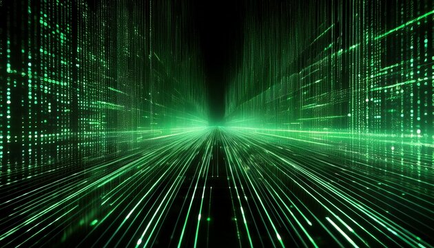 a digital perspective of streaming green binary code against a black background representing technology and data flow