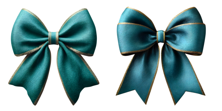 Two teal gift bows with gold trim, elegantly isolated on transparent background