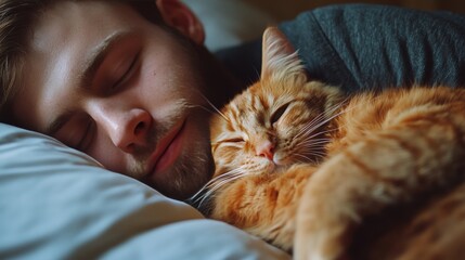 Naklejka na ściany i meble Cuddly scene of man and cat resting together.