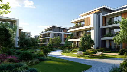 Infrastructure development of a luxury residential complex with modern apartments, green spaces, and sustainable materials