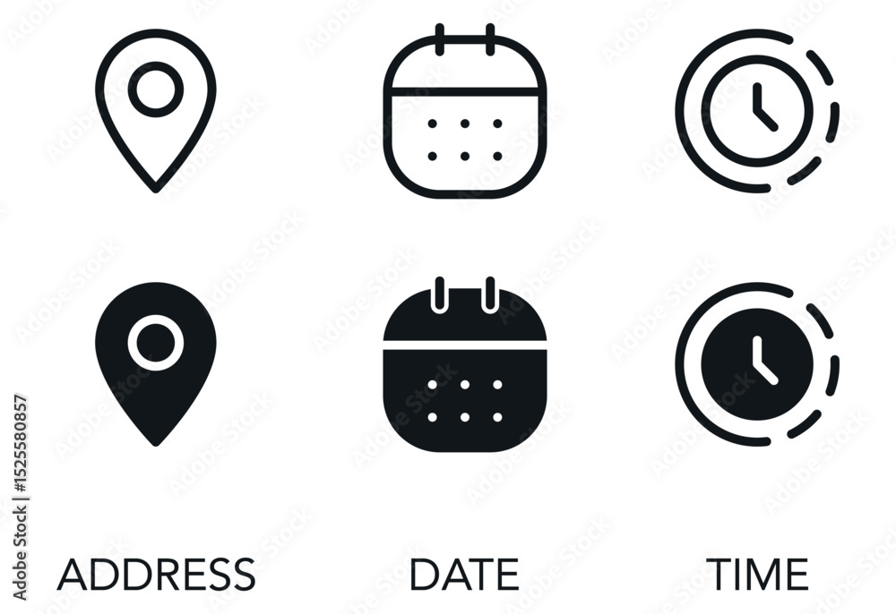 Aufkleber Address location icon. Stopwatch timer icon. Date Calendar icon - Web icons set