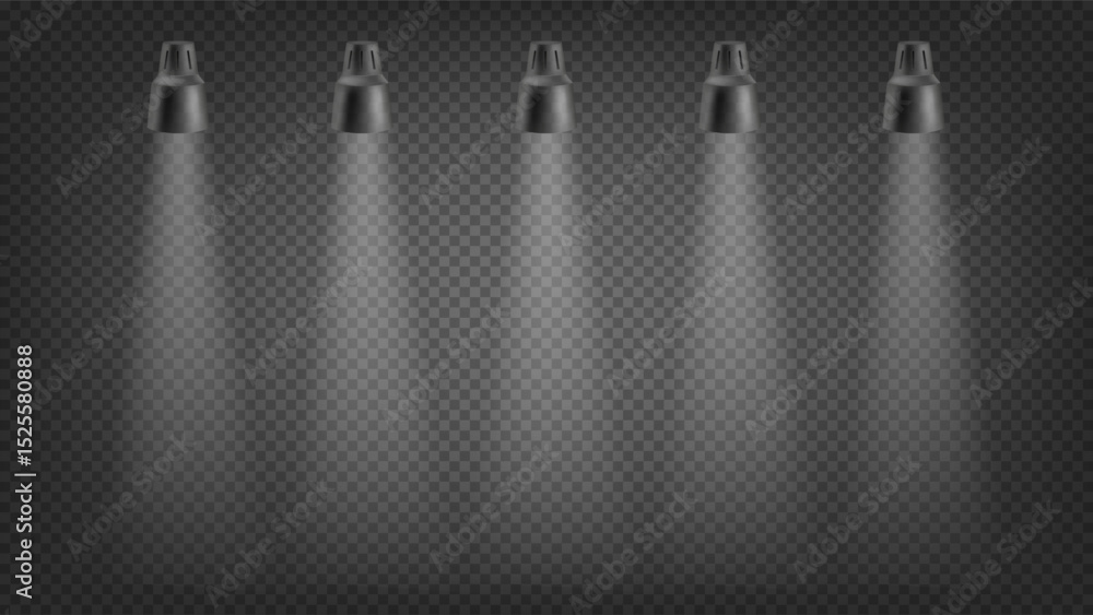Fototapete five projectors on dark background. 3d vector effect isolated on transparent