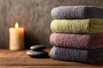 folded cotton towels in pastel colors stacked beside candle and stone on spa table