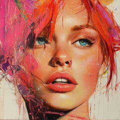 Vibrant modern portrait of a woman with pink background and abstract art style.
