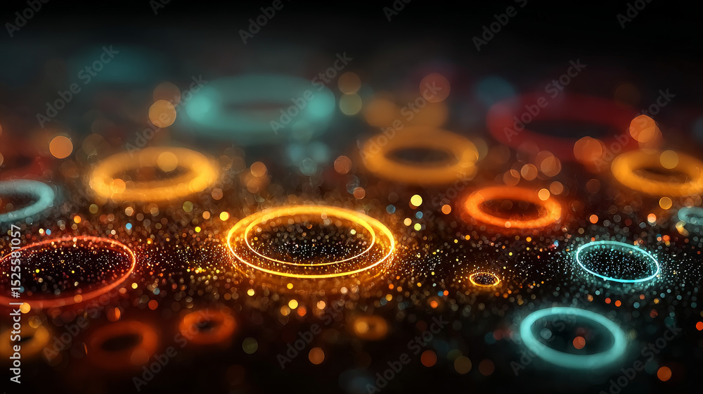 Poster luminous gradient aura circles set - vibrant neon colors iridescent round shapes collection on dark 