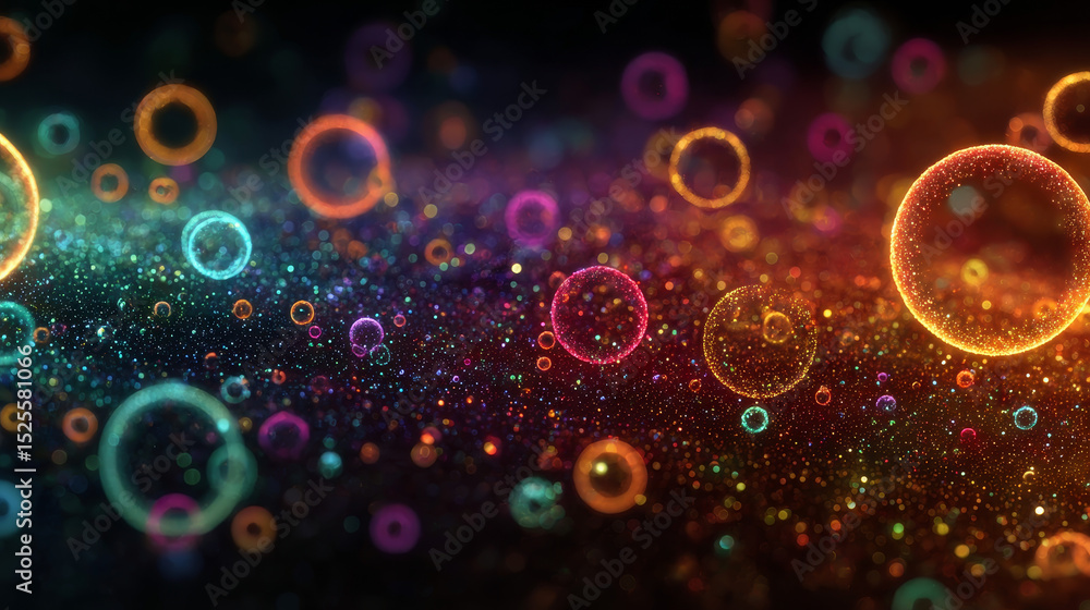 Poster luminous gradient aura circles set - vibrant neon colors iridescent round shapes collection on dark 