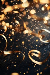 Close-up of shimmering gold confetti, with sparkling streamers in the background, evoking a festive and joyous atmosphere.
