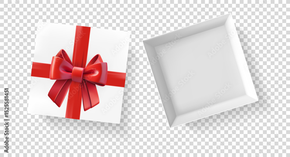 Poster White gift box with red ribbon and bow. 3D vector elements isolated on transparent background