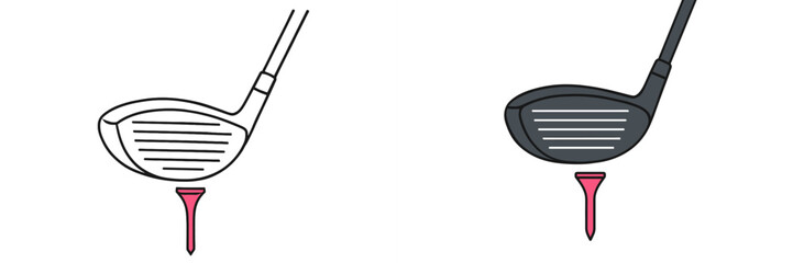 Comparison of golf clubs highlighting different designs and colors of drivers with a tee on the ground