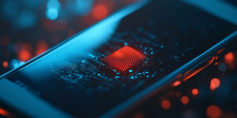 High-tech electronic device close-up showing red light among circuit patterns