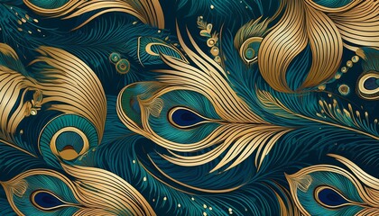 seamless peacock feather pattern in teal and gold boho style graphic design