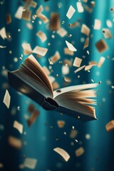 A floating book with pages scattered around.