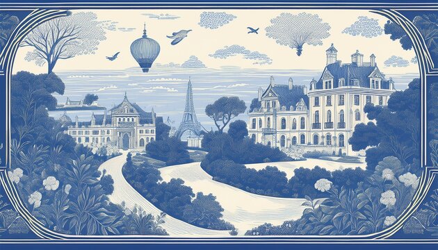 blue and white toile de jouy pattern featuring historical architectural scenes and lush landscapes