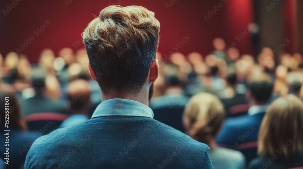 Poster man focused on audience. seminar or conference setting with business attendees in the background.